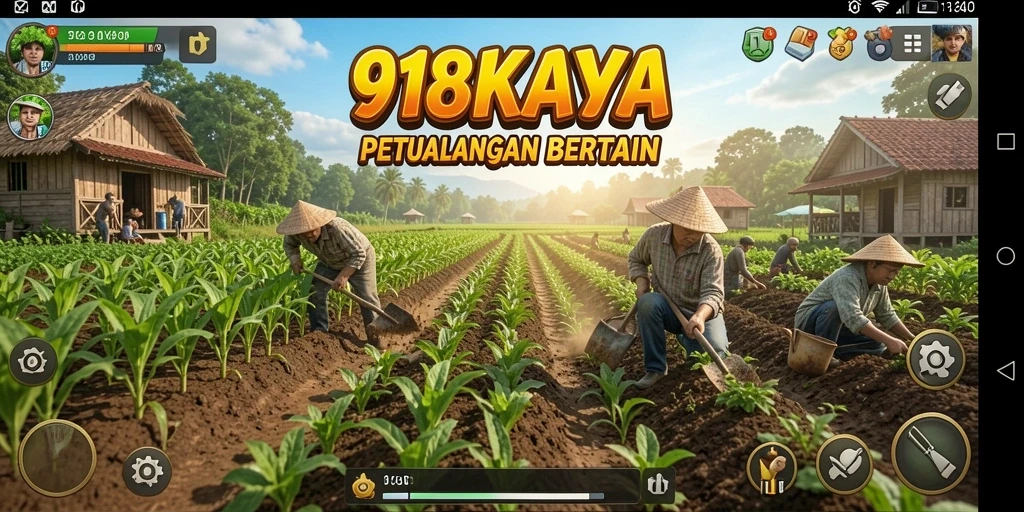 Tampilan gameplay 918KAYA yang menampilkan ladang yang subur dan hewan ternak.