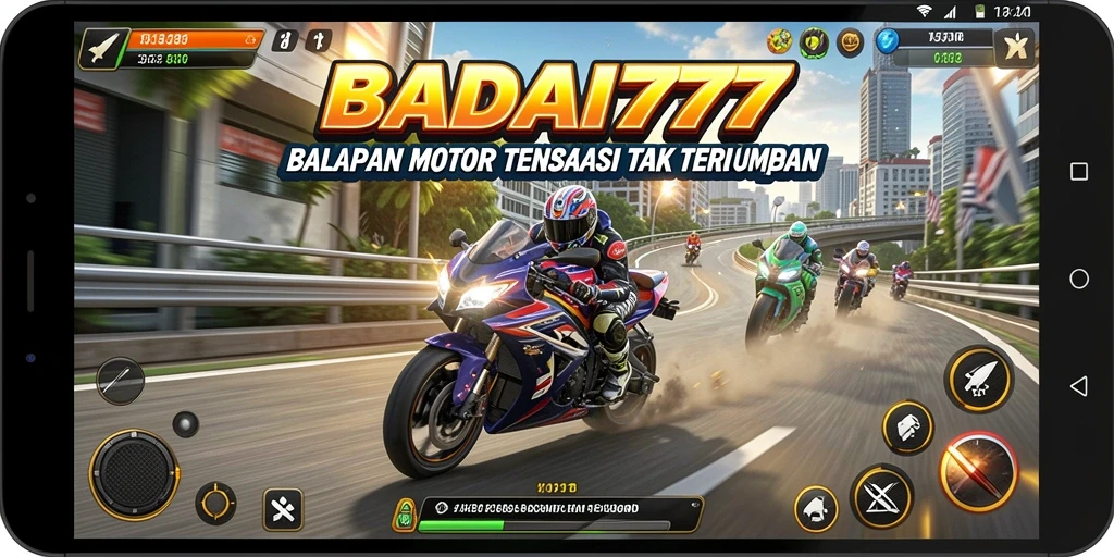 Tampilan gameplay BADAI777 menampilkan aksi balapan motor yang seru dan mendebarkan.