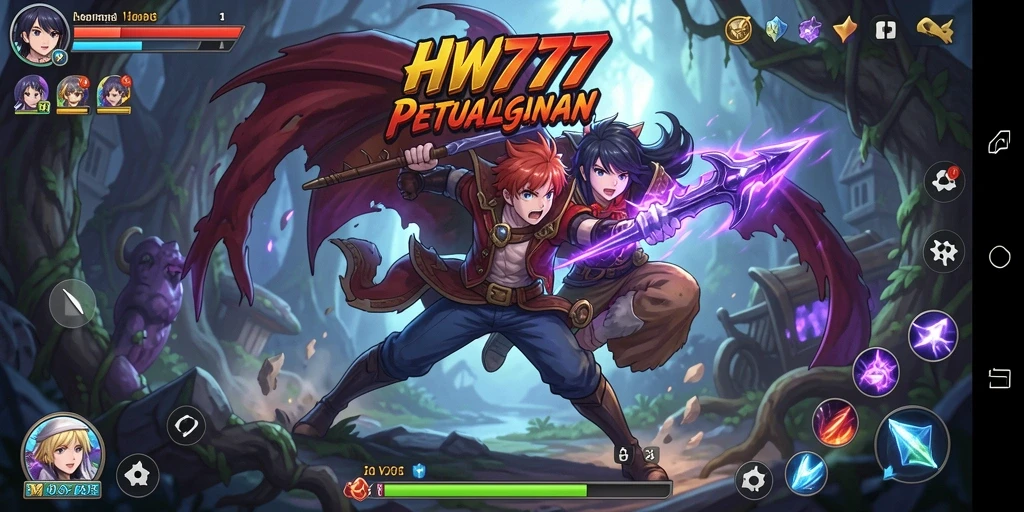 Tampilan gameplay dinamis di HW777 dengan karakter anime yang menarik.