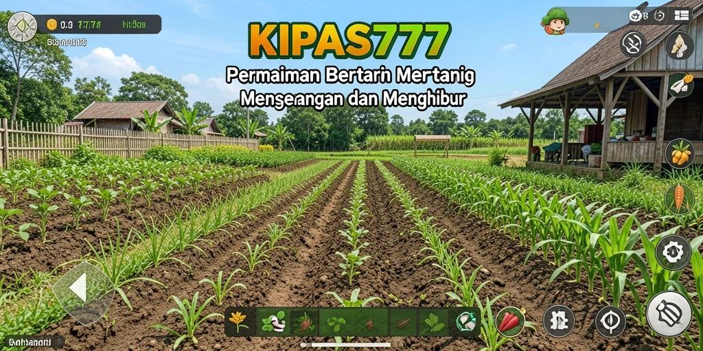Screenshot gameplay KIPAS777 yang menampilkan kebun yang subur dan hewan ternak.