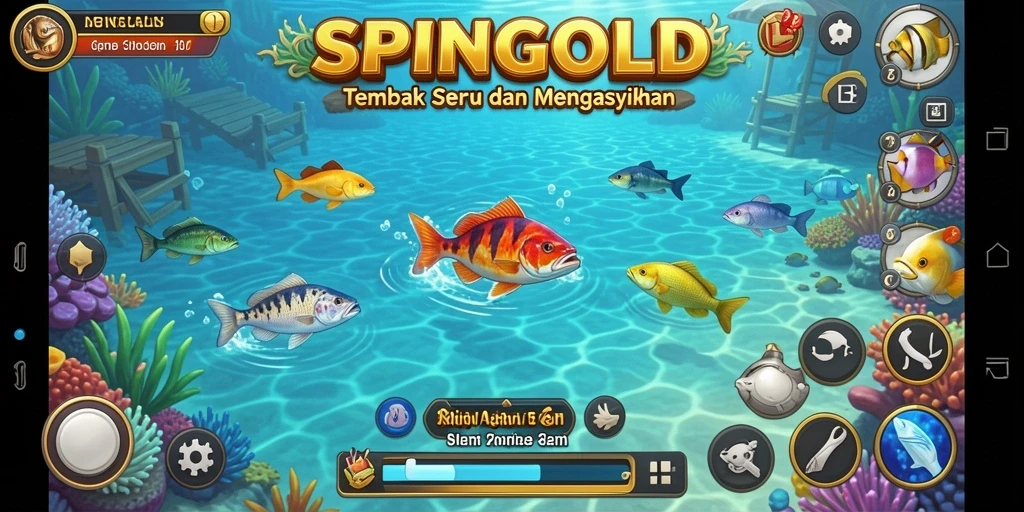 Tampilan gameplay SPINGOLD dengan aksi menembak ikan yang mendebarkan.